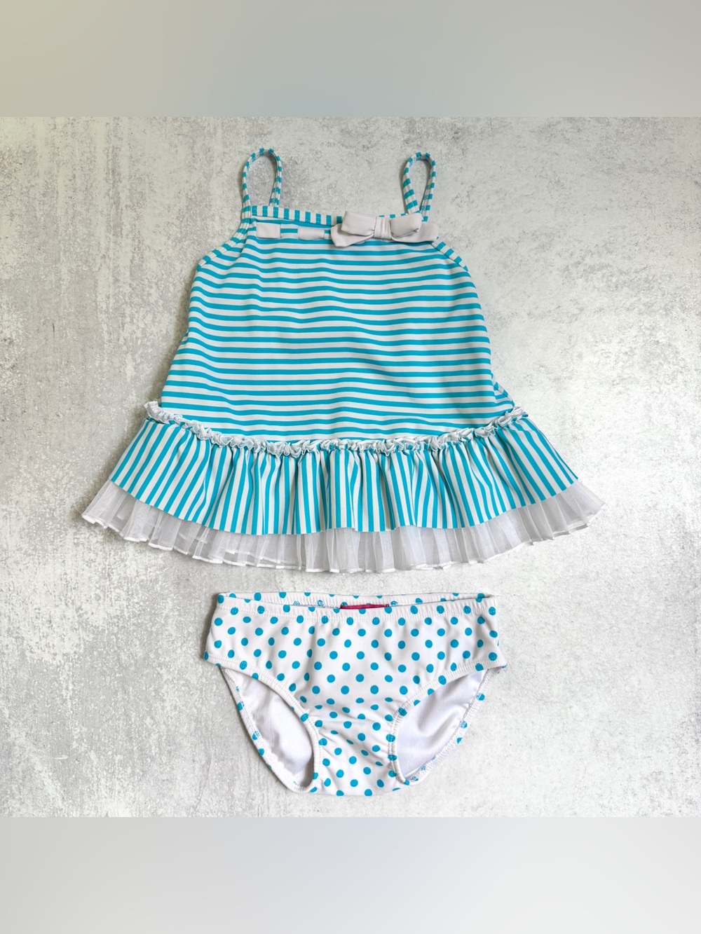 18M👙 Kate Mack Aqua Stripe Tutu Ruffle Tankini Swimsuit Set w Polka Dot Bottom